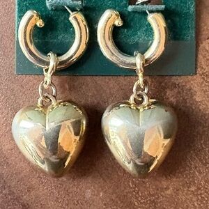 Gold Puffy Heart Vintage Dangle Pierced Earrings